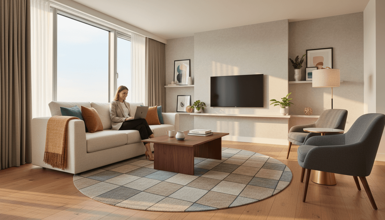 Comfortable modern apartment living room with guest relaxing, natural light streaming through windows