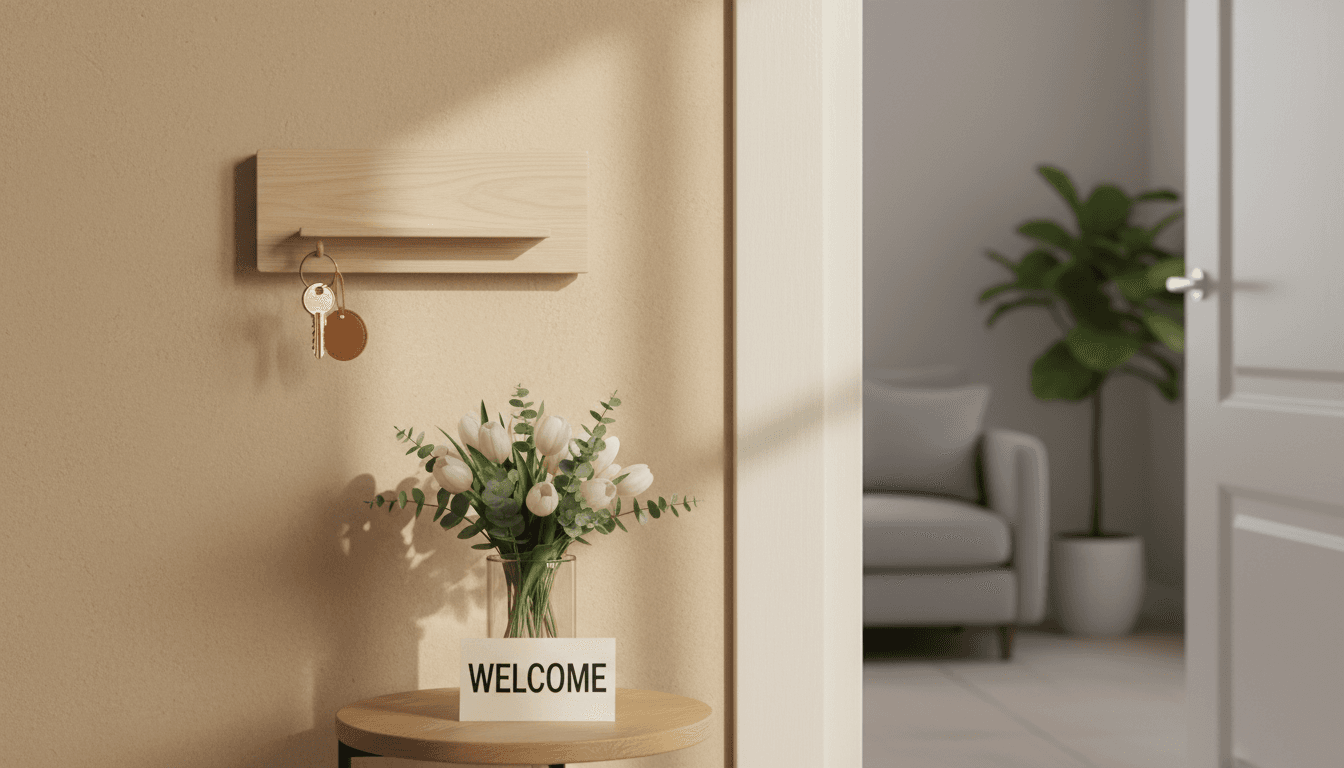 Welcoming apartment entryway with keys and modern hospitality details