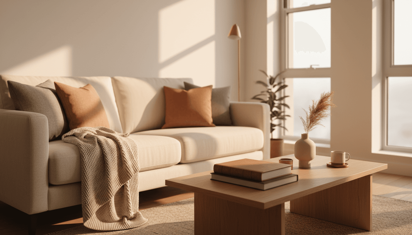 Comfortable modern living room in a serviced apartment with warm lighting and welcoming furnishings