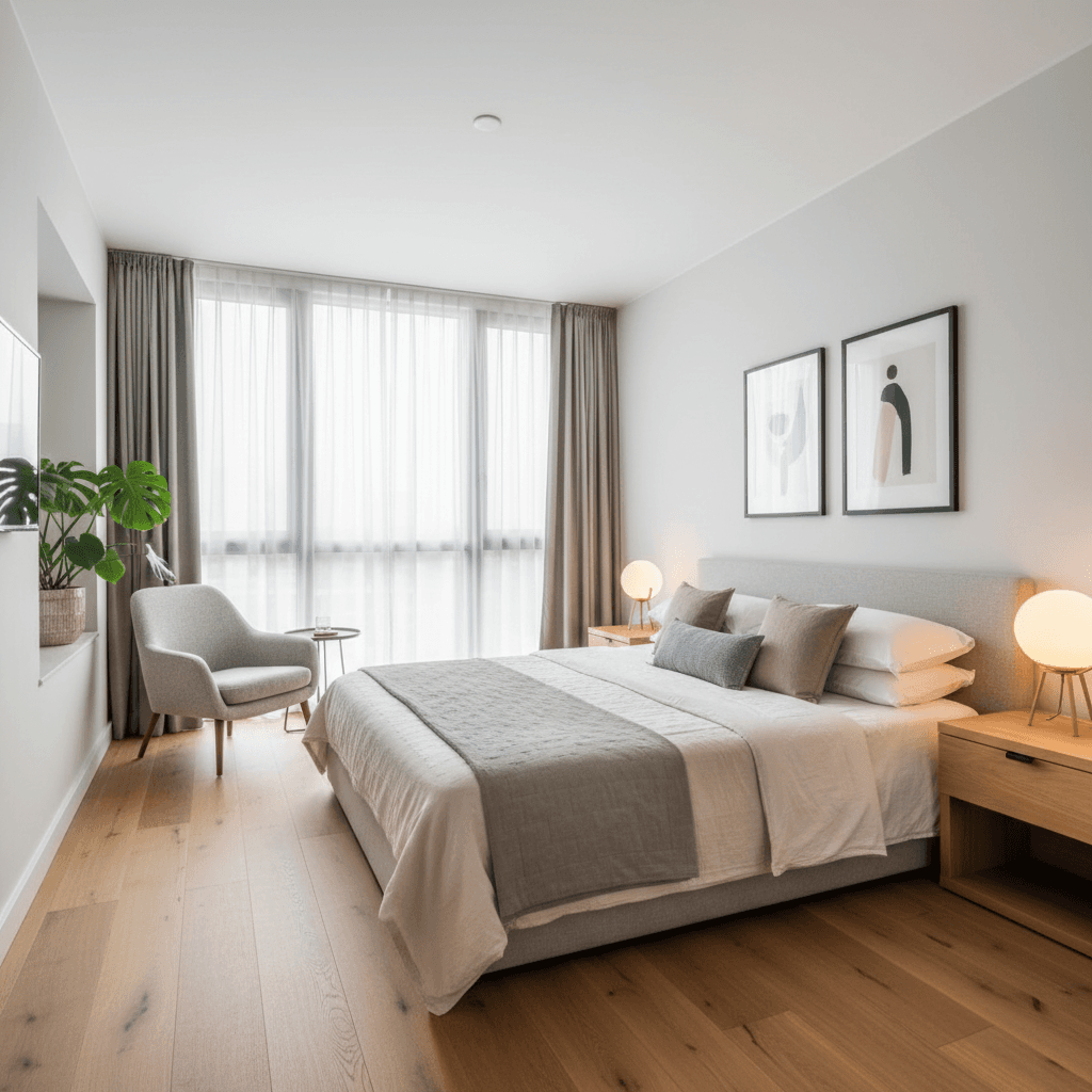 Modern bedroom with neutral decor and natural light