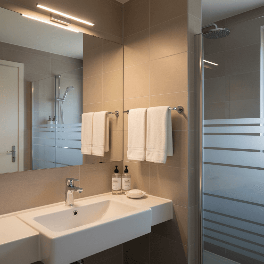 Modern bathroom with chrome fixtures and quality amenities