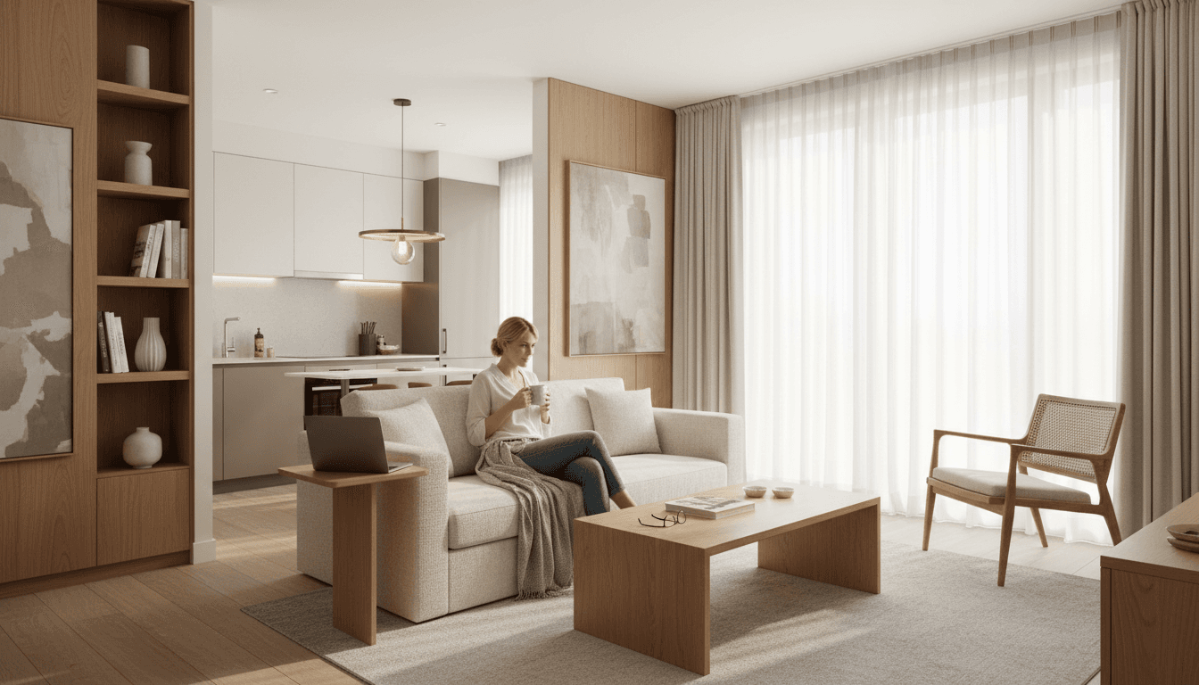 Modern serviced apartment living room with professional woman working comfortably