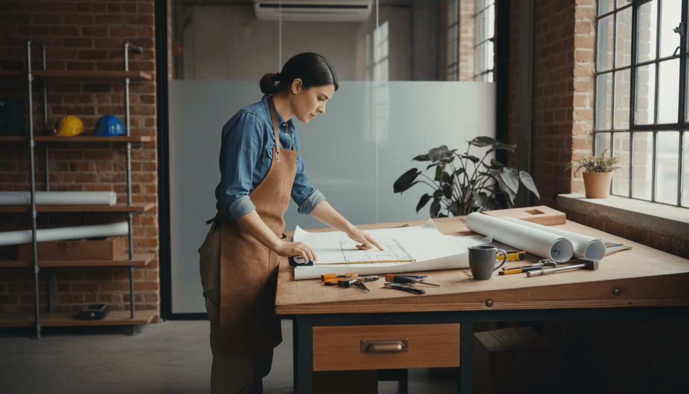 Trade contractor reviewing plans at serviced accommodation workspace