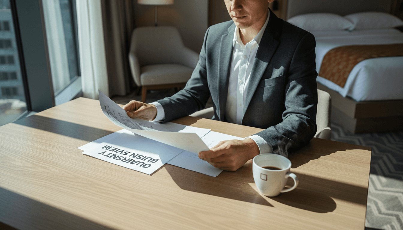 Corporate traveler reviewing business documents at a serviced accommodation desk