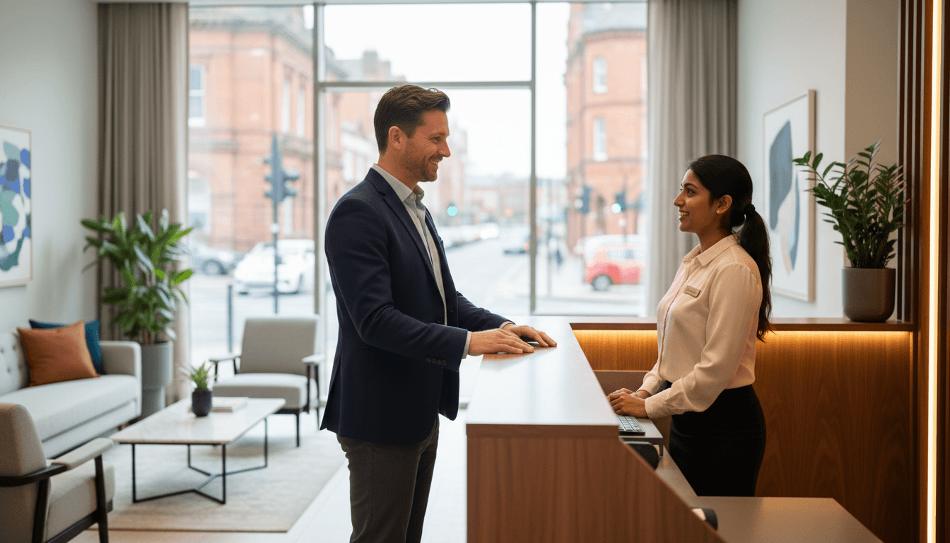 Corporate traveler checking into serviced accommodation in Warrington