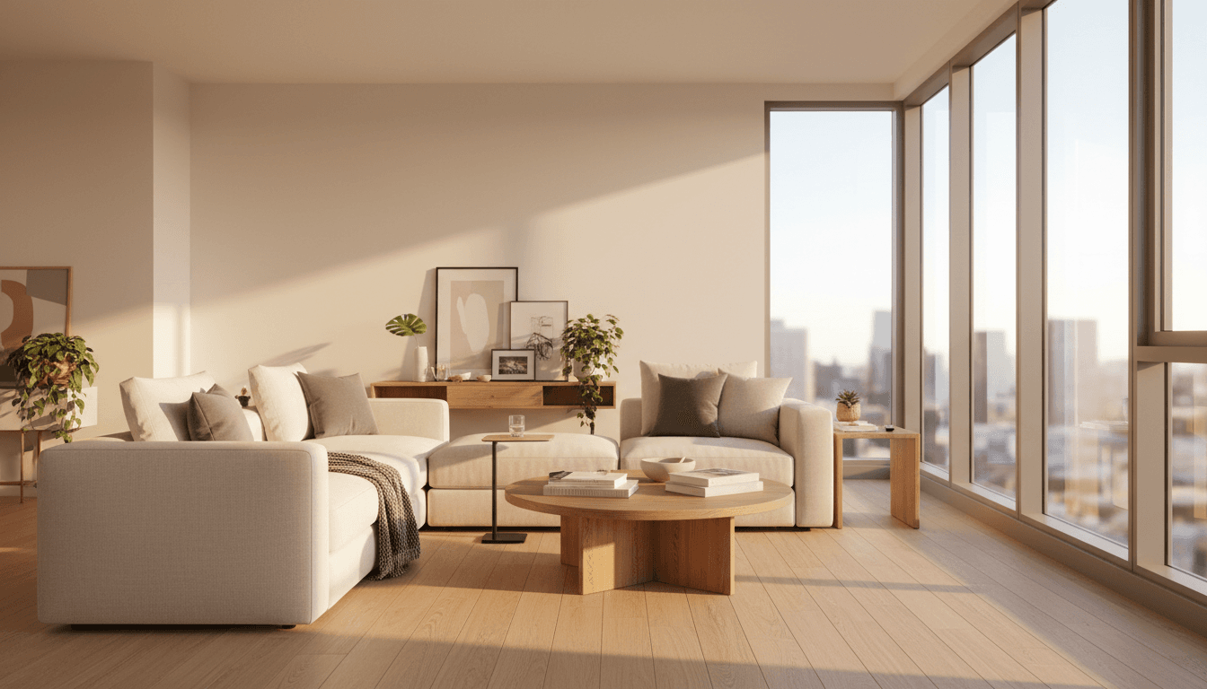 Bright, welcoming furnished apartment living room with natural light and comfortable seating