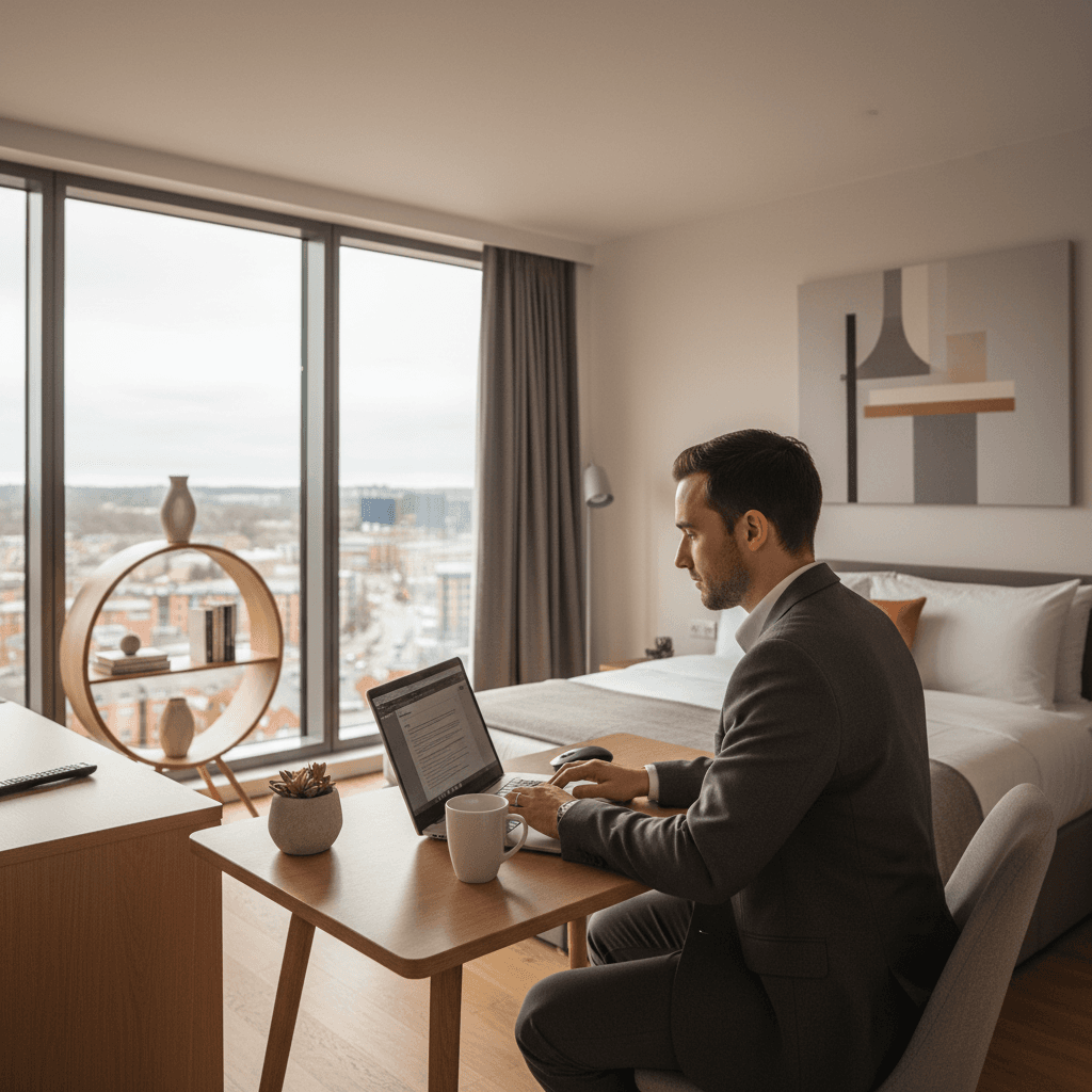 Corporate guest room with workspace and city views