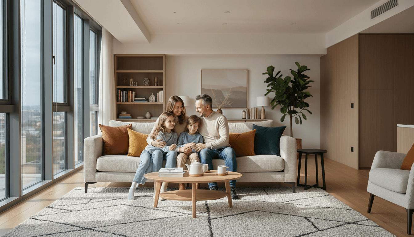 Family relaxing in serviced accommodation common area during emergency relocation