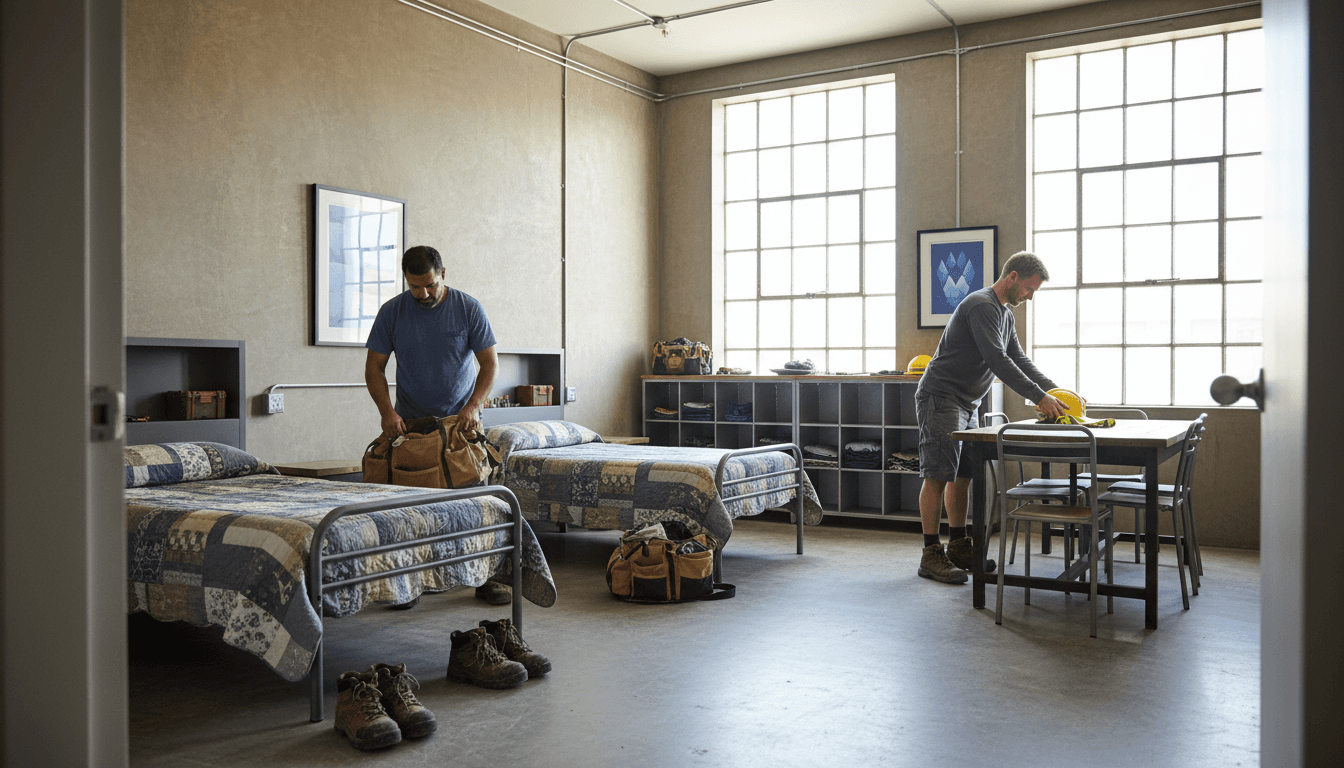 Two men packing gear in a shared industrial dormitory with twin beds and large windows.