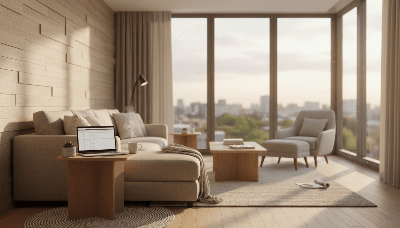 Modern serviced apartment living room with natural light and comfortable furnishings