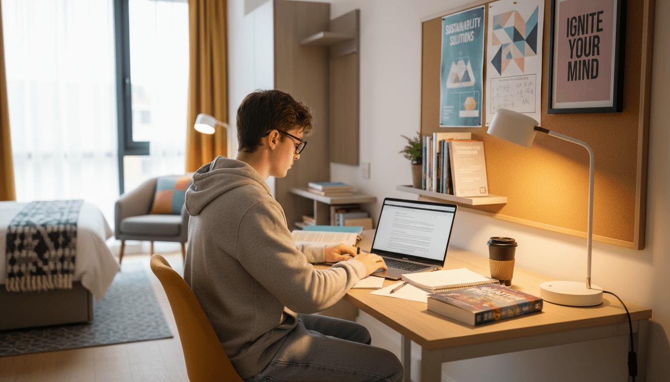 Student studying in serviced accommodation room