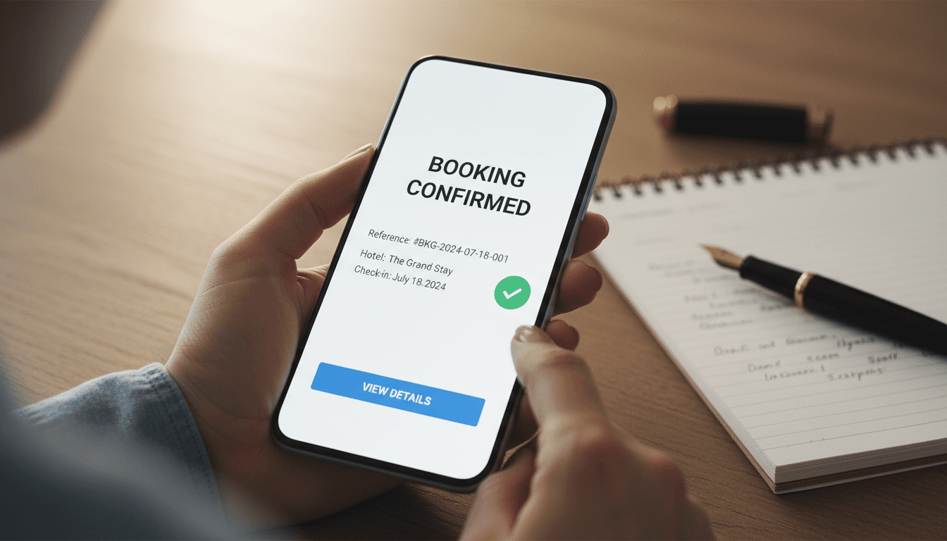 Close-up of smartphone showing booking confirmation with professional desk setup