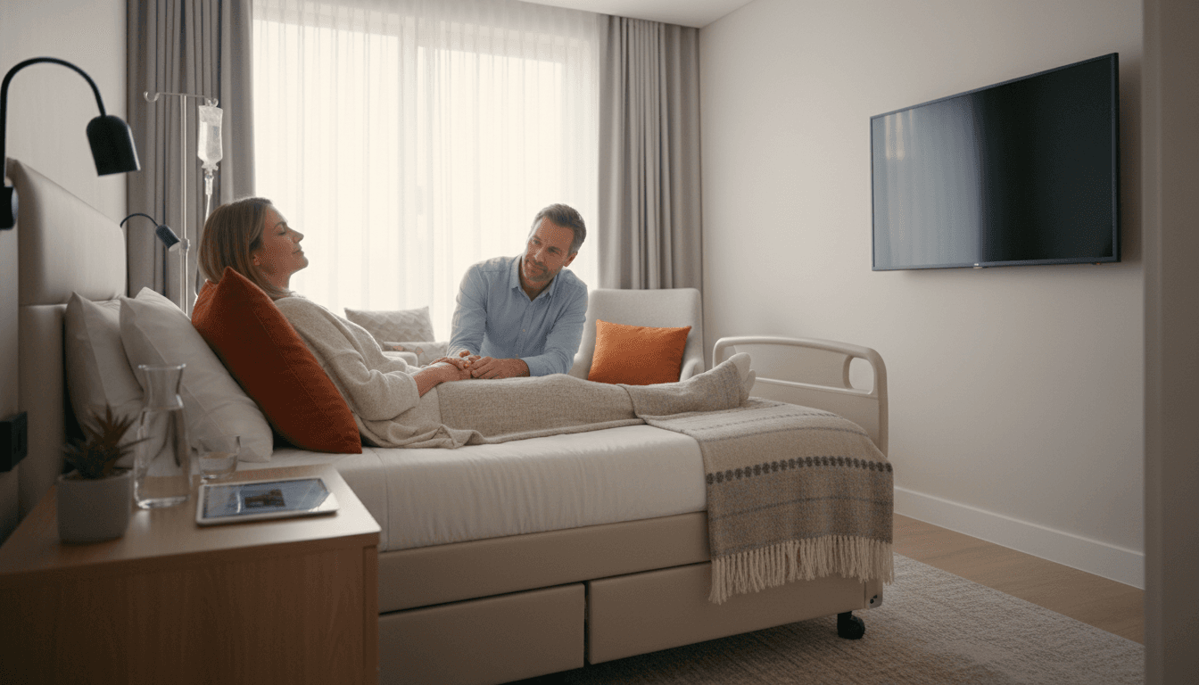 Patient in serviced accommodation with family member providing support during medical stay