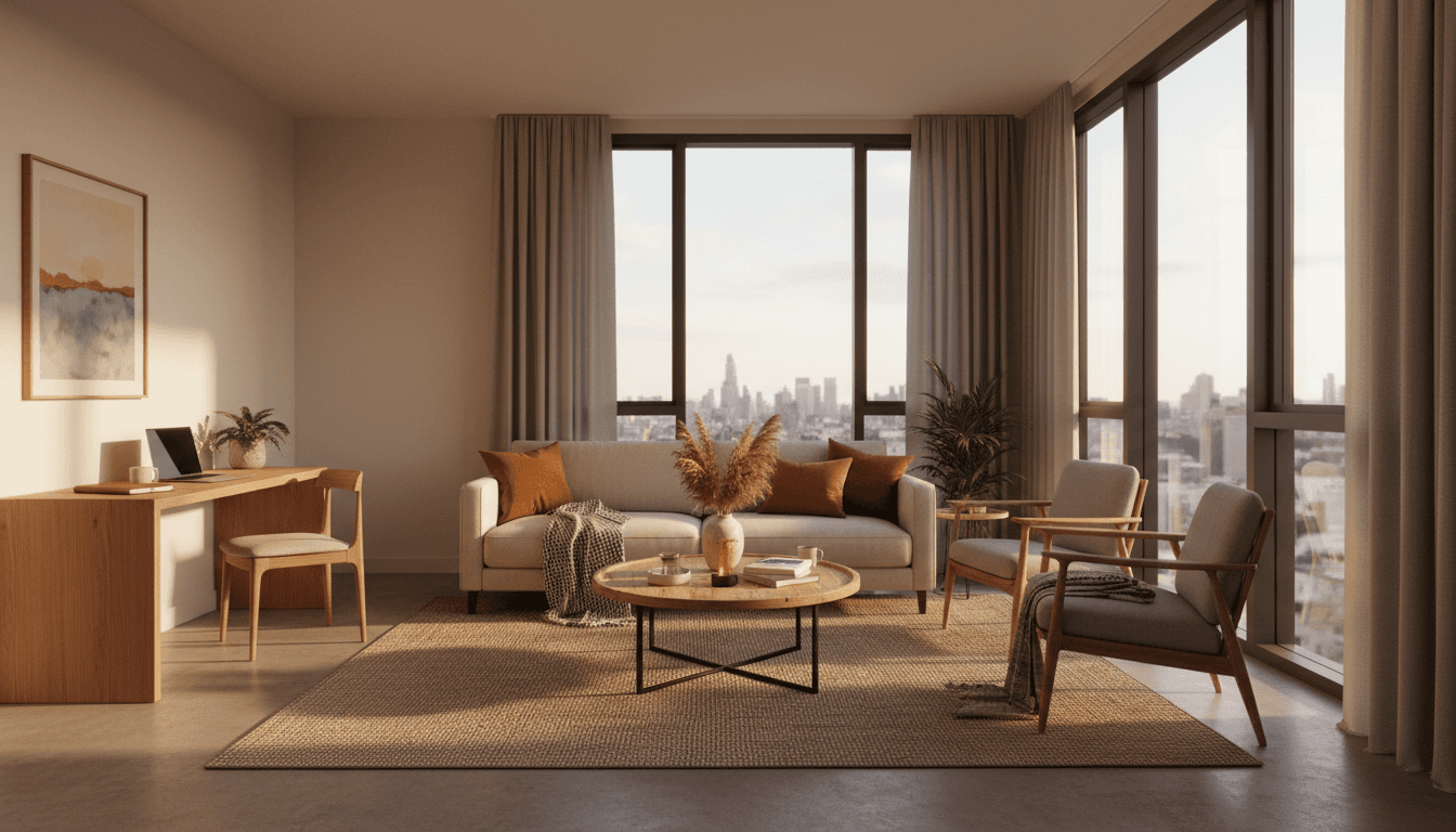 Modern serviced accommodation living space with natural light and comfortable furnishings