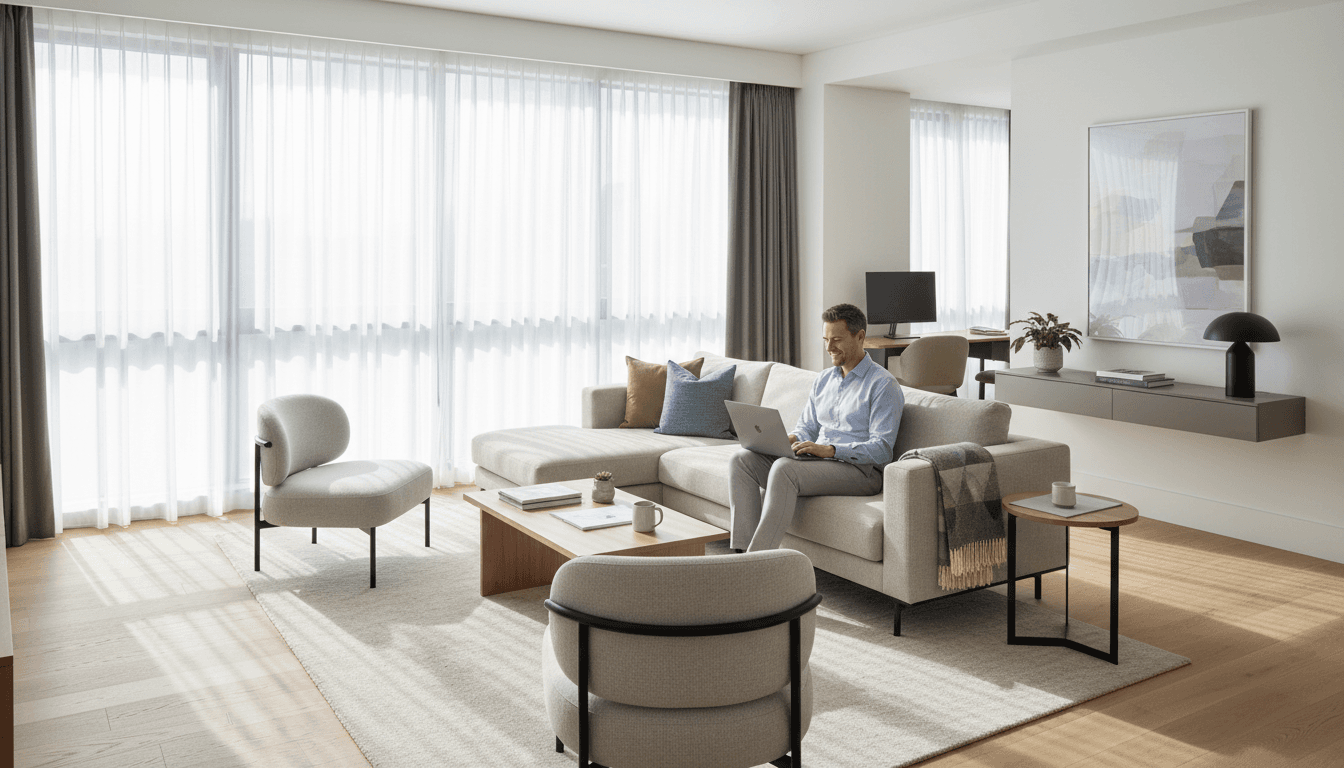 Modern serviced apartment living space with natural light and comfortable furnishings
